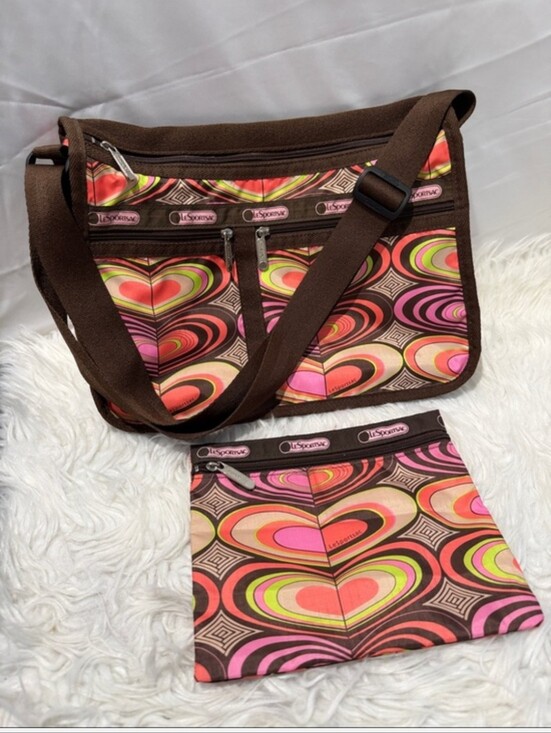 Lesportsac Handbags - LeSportsac Brown Crossbody Bag with Pink, Red and Green Heart Print